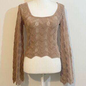 Hollister Taupe Open Knit Crochet Sweater Top | Bell Sleeves | Size Small